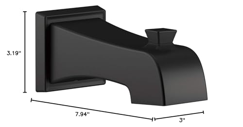 Matte black curved tub spout with square wall mount and diverter button, measuring 7.94" wide and 3.19" tall.