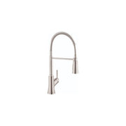 Steel optic semi-pro kitchen faucet with high curved spout and pull-down spray hose.