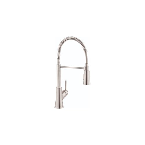 Steel optic semi-pro kitchen faucet with high curved spout and pull-down spray hose.
