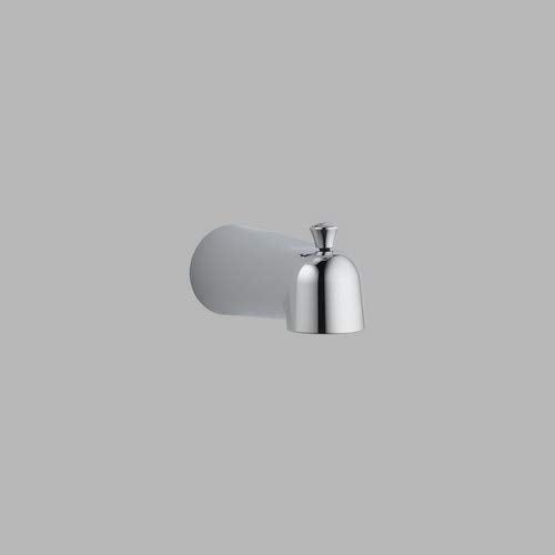 Chrome tub spout with pull-up diverter and curved spout outlet.