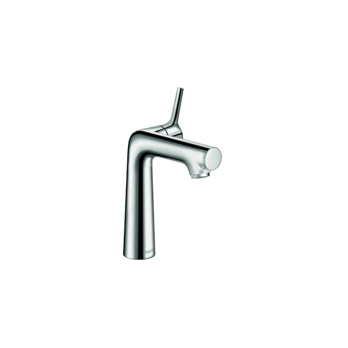 Chrome single-hole bathroom faucet with tall curved spout and angled handle.