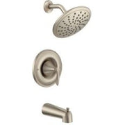Brushed nickel tub and shower faucet trim with round rainshower head, valve trim, and tub spout.