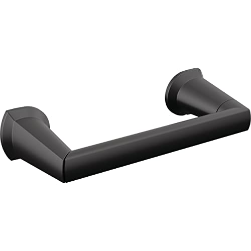 Black metal pivoting tissue holder with rounded cylindrical bar and curved end mounting brackets.