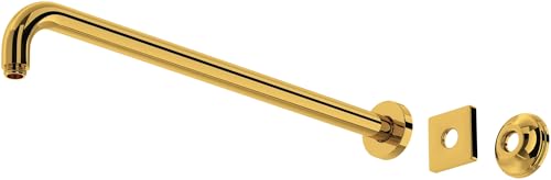 Unlacquered brass 20" wall mount shower arm with square escutcheon plate and brass connector.