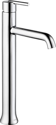 Chrome single-handle bathroom faucet with tall cylindrical body and curved spout.