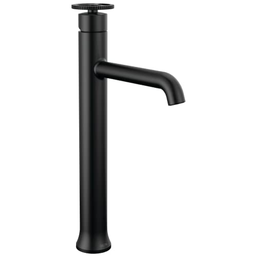 Black single-handle vessel faucet with tall cylindrical body, curved spout, and wheel control at top.