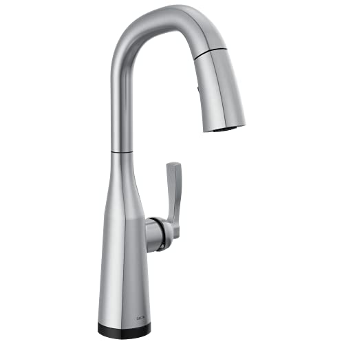 Chrome single-handle pull-down kitchen faucet with curved spout and lever control on base.
