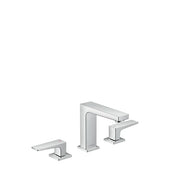 Chrome widespread bathroom faucet with tall central spout and two lever handles positioned on outer bases.