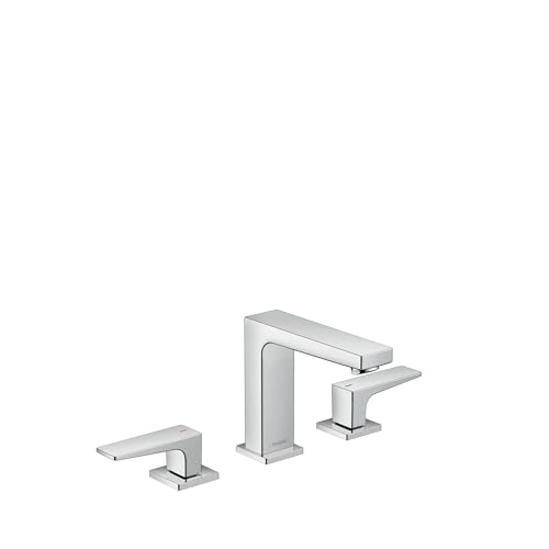 Chrome widespread bathroom faucet with tall central spout and two lever handles positioned on outer bases.