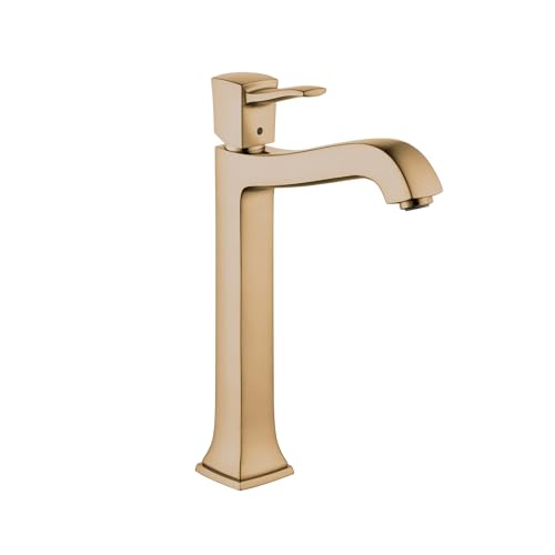 Brushed bronze single-hole bathroom faucet with tall squared spout and lever handle.