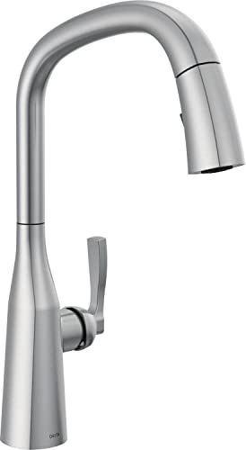 Stainless steel pull-down kitchen faucet with single lever handle and curved spout.