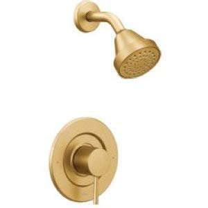 Brushed gold shower trim kit with round showerhead and lever handle control valve.