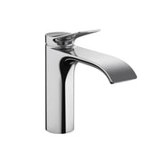 Chrome single-hole bathroom faucet with curved spout and lever handle.