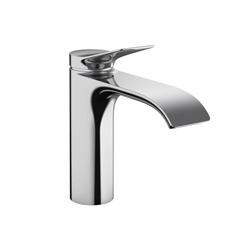 Chrome single-hole bathroom faucet with curved spout and lever handle.