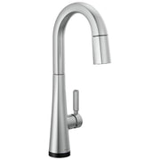 Chrome single-handle pull-down faucet with curved spout and touch-activated control lever.