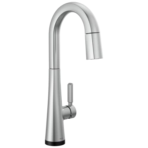 Chrome single-handle pull-down faucet with curved spout and touch-activated control lever.