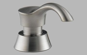 Stainless steel soap and lotion dispenser with curved spout and wide base.
