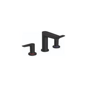 Matte black widespread bathroom faucet with angular spout and two side handles on red escutcheons.