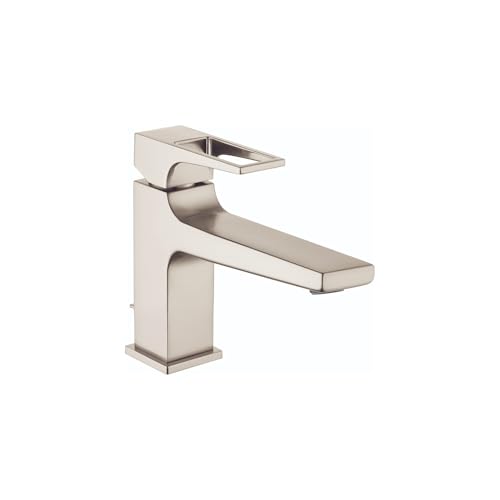 Brushed nickel single-hole bathroom faucet with rectangular spout and curved loop handle.