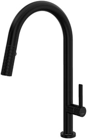 Matte black pull-down kitchen faucet with curved spout and textured handle grip.