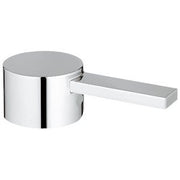 Polished chrome pressure balance valve lever with cylindrical body and rectangular handle attached to rectangular mounting pl