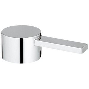 Polished chrome pressure balance valve lever with cylindrical body and rectangular handle attached to rectangular mounting pl