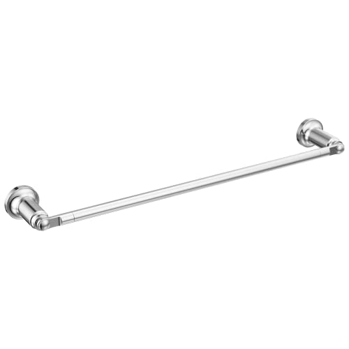 Chrome towel bar with cylindrical decorative end caps mounted horizontally on white background.