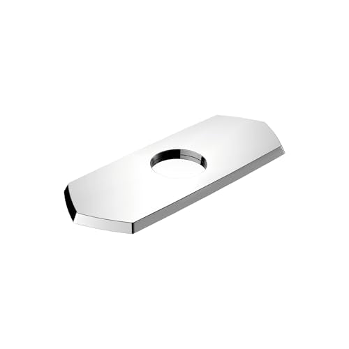 Chrome base plate with single center hole for faucet installation on countertop or sink.