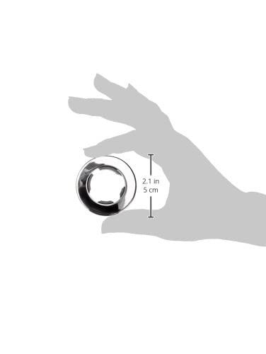 Chrome escutcheon ring with measurement scale shown in hand, 2.1 inches diameter.