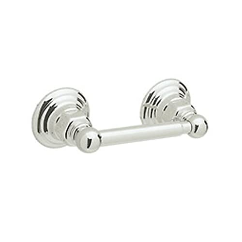Polished chrome toilet paper holder with spring-loaded rod and decorative circular wall plates.
