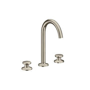 Brushed nickel widespread bathroom faucet with high curved spout and two round handle knobs.