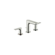 Brushed nickel three-hole widespread faucet with tall center spout and two lever handles.