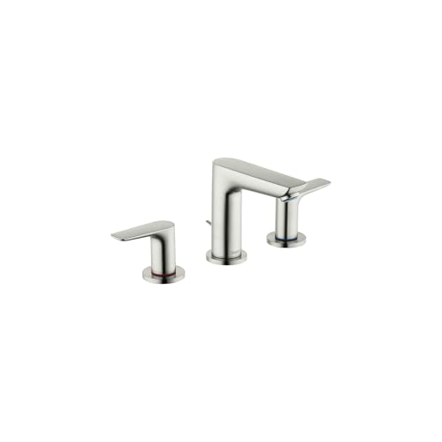 Brushed nickel three-hole widespread faucet with tall center spout and two lever handles.