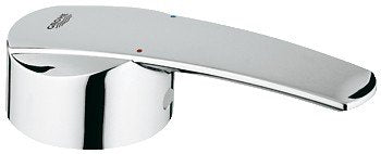 Chrome lever handle with Grohe branding for faucet repair, curved design with white accent button.
