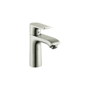 Brushed nickel single-hole bathroom faucet with curved spout and lever handle.