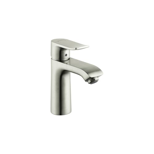 Brushed nickel single-hole bathroom faucet with curved spout and lever handle.