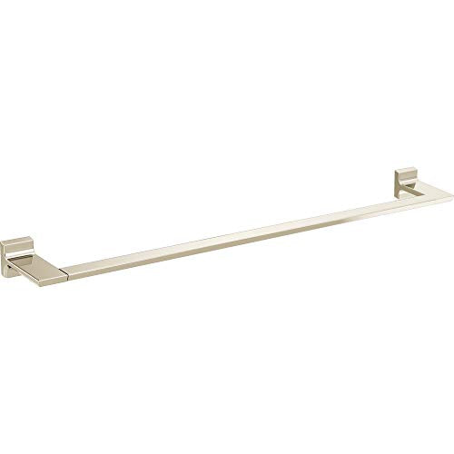 Brushed nickel towel bar with angular mounting brackets at each end.