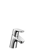 Chrome single-hole bathroom faucet with curved spout and lever handle.