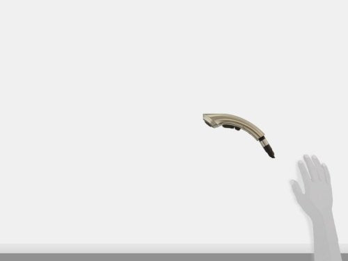Stainless steel pull-out wand assembly with curved spray head and black accents.