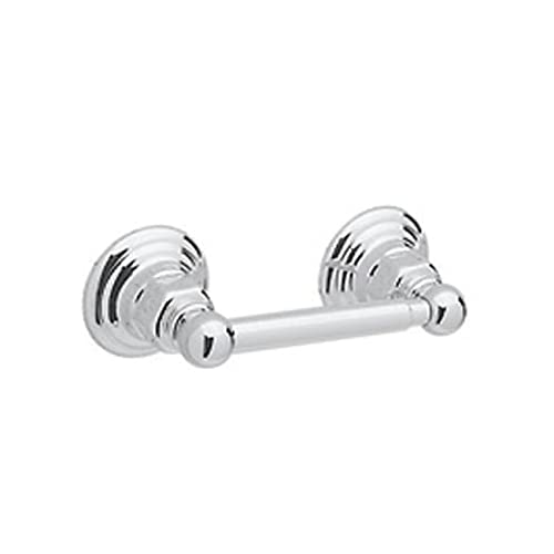 Polished chrome toilet paper holder with spring-loaded mechanism and decorative wall-mounted brackets.