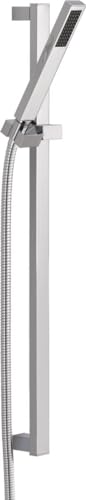 Chrome slide bar hand shower with flexible hose and mounting bracket against white background.
