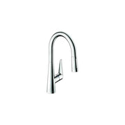 Chrome high-arc kitchen faucet with pull-down sprayer and single lever handle.