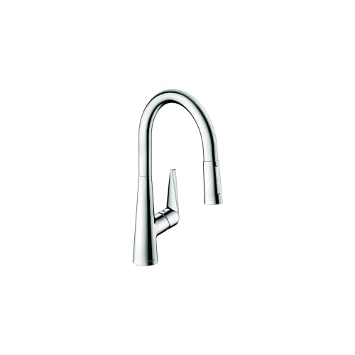 Chrome high-arc kitchen faucet with pull-down sprayer and single lever handle.