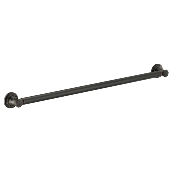 Oil-rubbed bronze grab bar with circular mounting flanges at each end on white background.