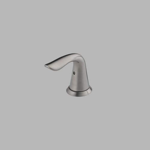Stainless steel bathroom faucet lever handle with curved spout and circular base.