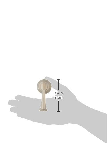 Stainless steel Delta Orleans two-handle lever faucet set with measurement dimensions shown in palm of hand.