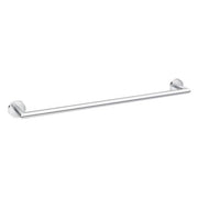 Chrome towel bar with circular wall-mounted ends and horizontal rod.