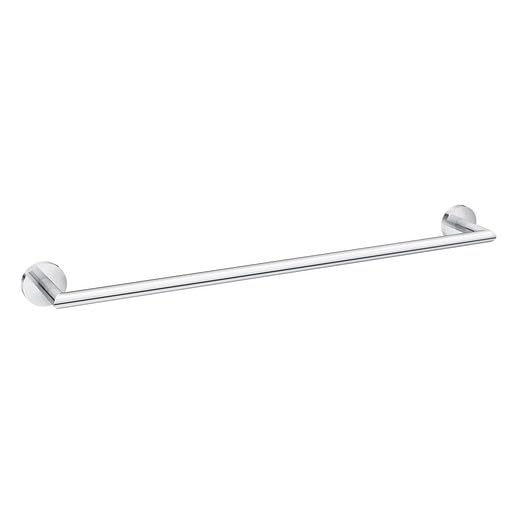 Chrome towel bar with circular wall-mounted ends and horizontal rod.