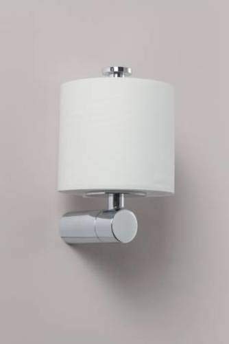 Chrome and white cylindrical paper holder with roll mounted vertically on wall bracket.