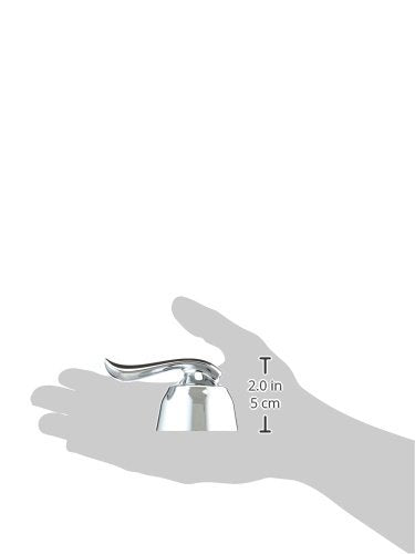 Chrome metal lever handle with measurement scale showing 2.0 inches height, displayed on hand model.
